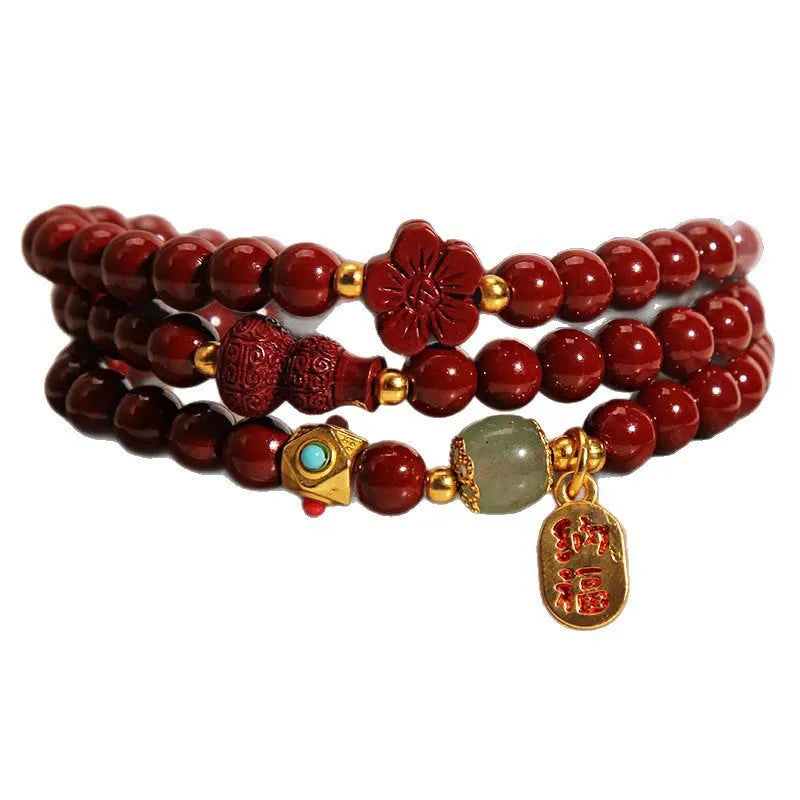 Women's multi-circle cinnabar bracelet with gourd and five petal flower design
