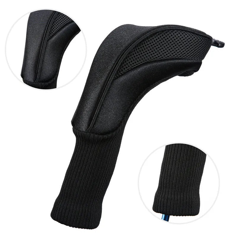 Set of six fabric golf club covers in blue black red and white colour combinations