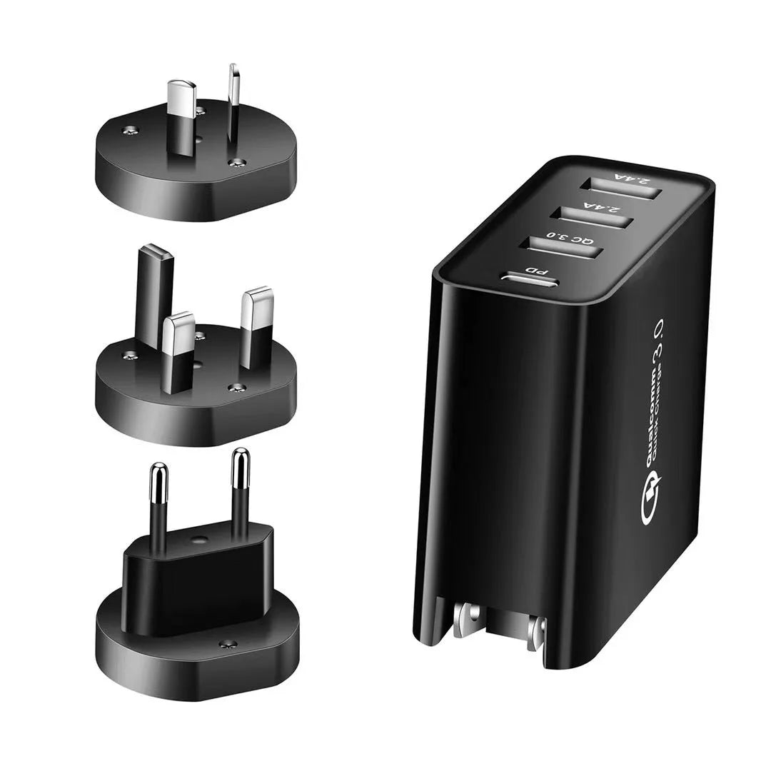 White multi-port USB fast charger with PD and QC support plugged into a wall socket.