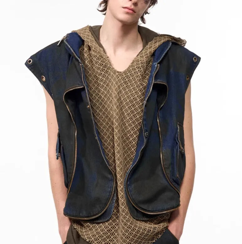 Blue hooded denim vest coat and trousers set with Korean style heavy industry deconstruction