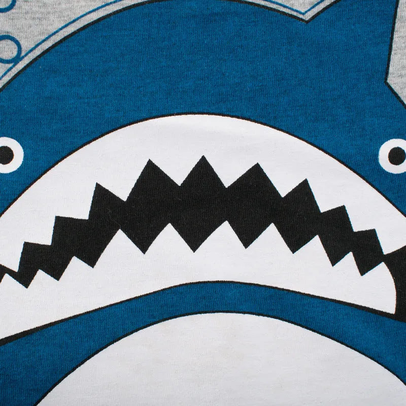 Grey children's cotton T-shirt shown with a size chart indicating Asian measurements from 90cm to 140cm.