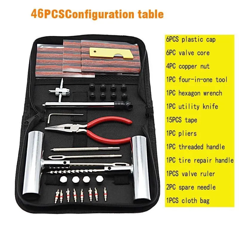 A cloth bag containing a 43-piece tire repair kit with 45 steel tools for puncture repairs.