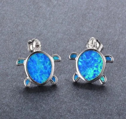 Silver filled blue opal sea turtle pendant necklace with vintage finish