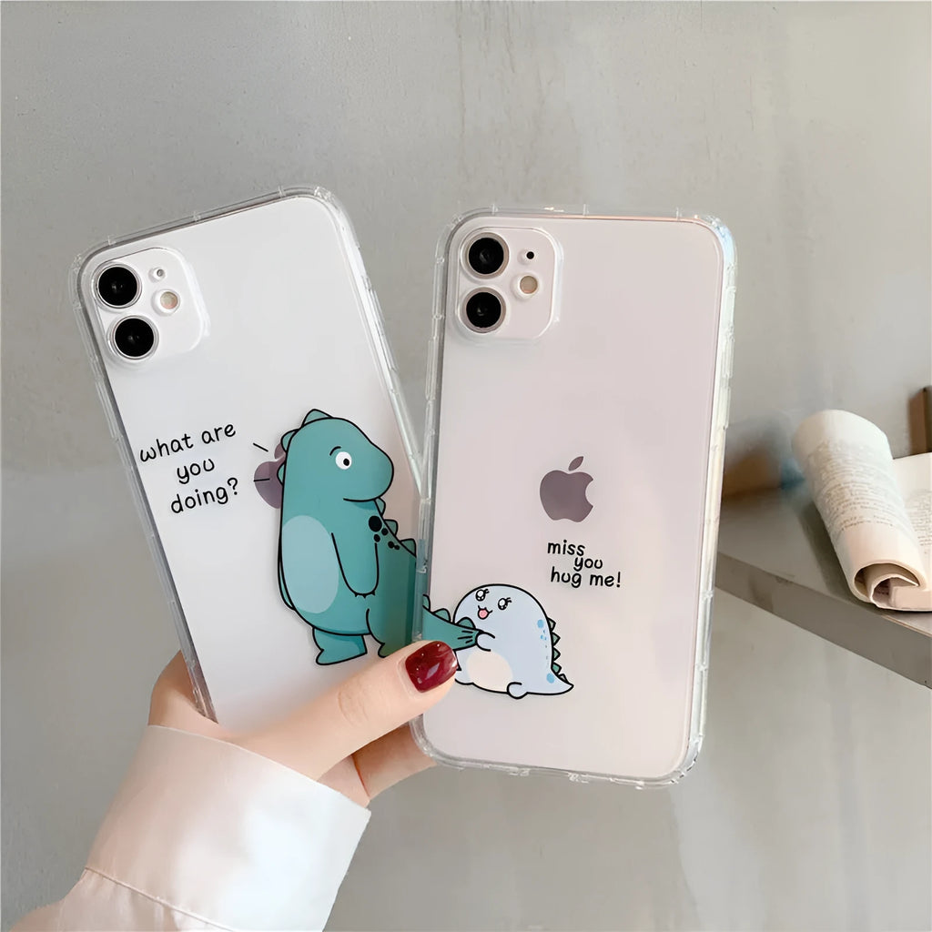 Transparent iPhone case with dinosaur design showing airbag anti-fall protection