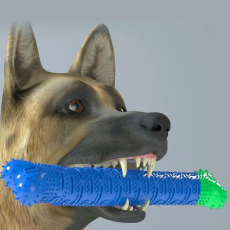 Blue green silicone dog toothbrush chew toy with bristles and nodules for teeth cleaning.