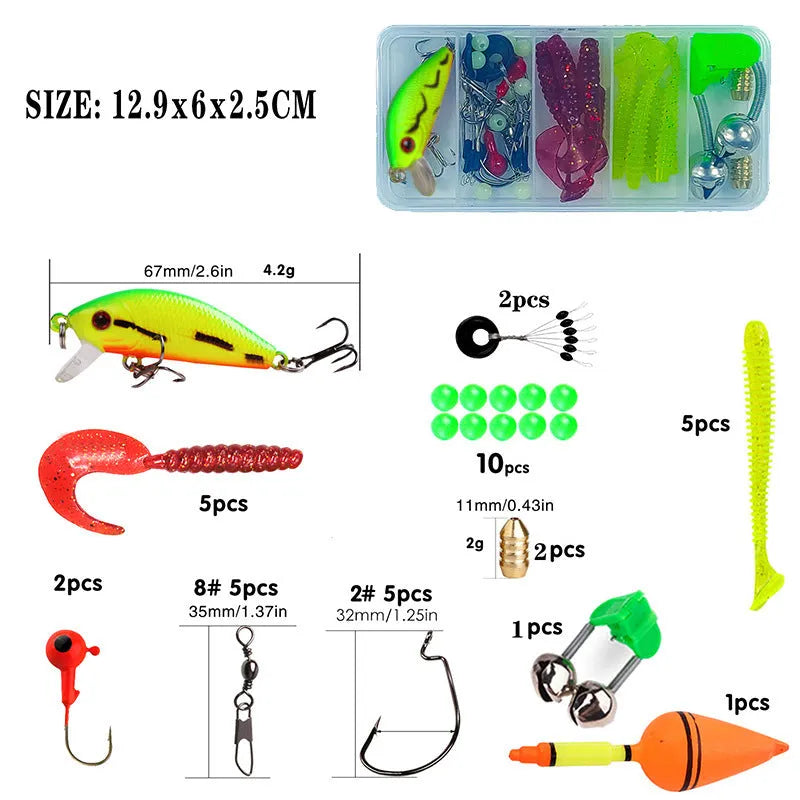 Blue children's fishing rod and reel set with matching tackle box on a grassy bank.