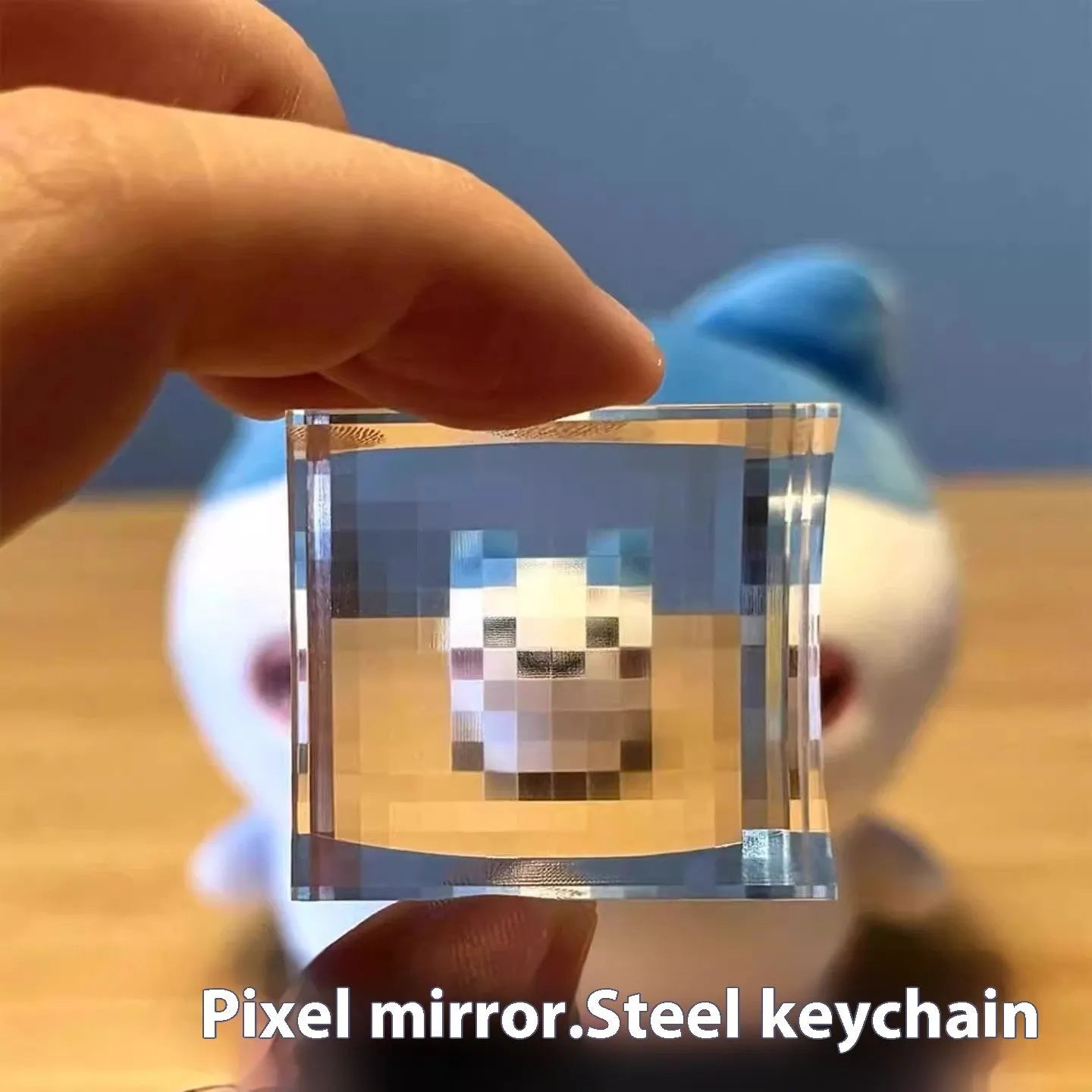 Cartoon pixel mosaic acrylic keychain with filter my world text in black, blue, or pink colour