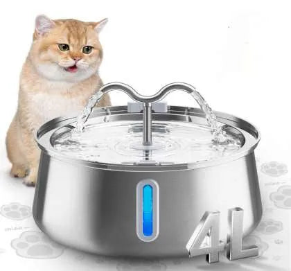 Stainless steel pet water dispenser with round basin and window faucet for dogs and cats.
