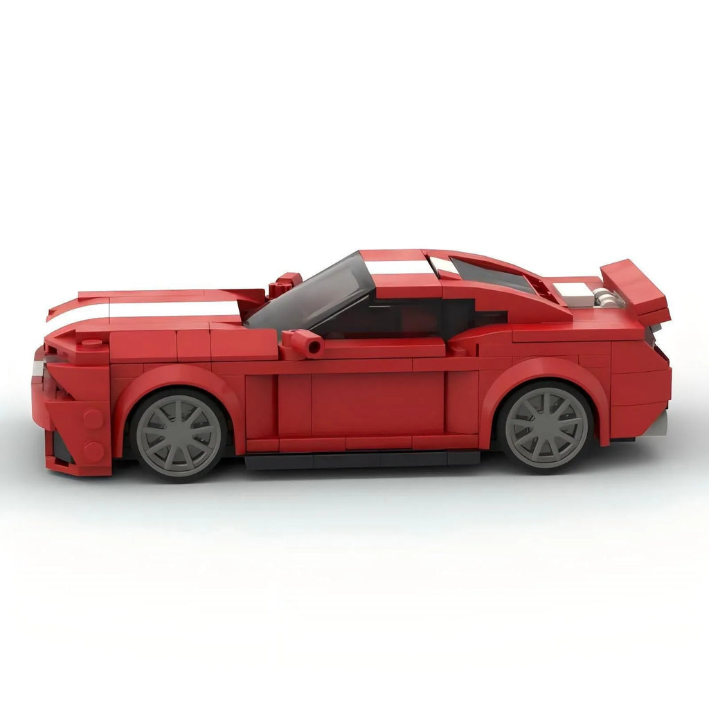Red plastic building block model of a Ford wild horse Shelby GT500 V2 sports car on a surface