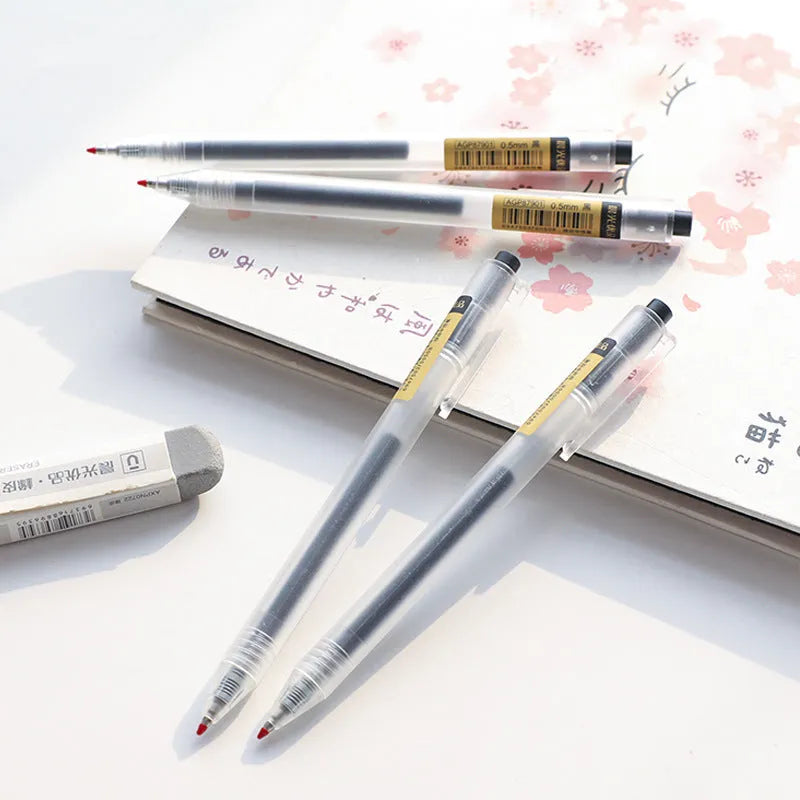 Set of twelve black retractable gel pens with frosted barrels and 0.5mm tips, plus two spare refills