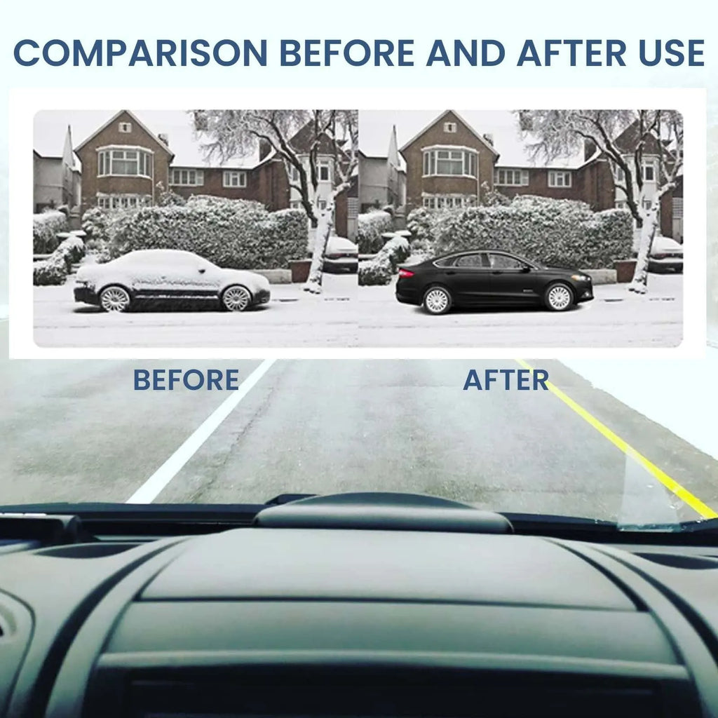 Black electronic car de-icer tool with glass plate for windscreen ice and snow removal