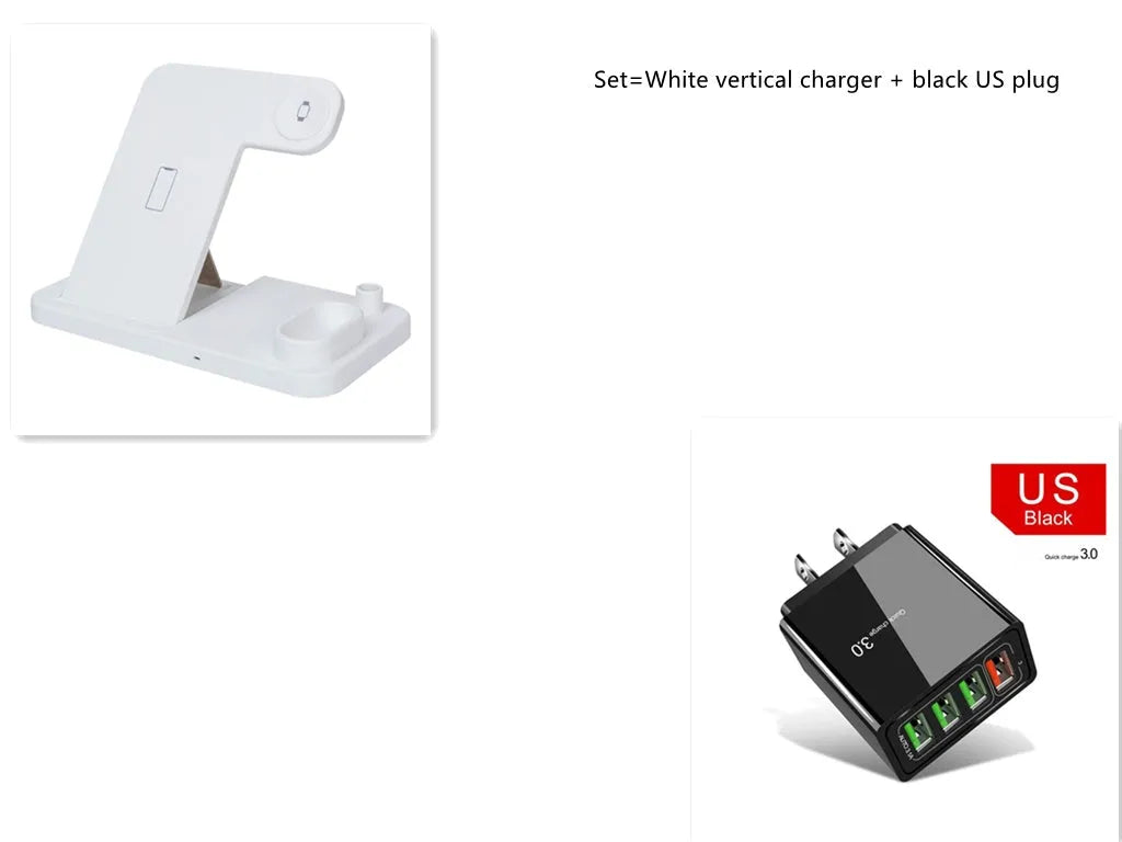 Black 4-in-1 wireless charging dock with phone on adjustable stand, Apple Watch and AirPods on charging modules