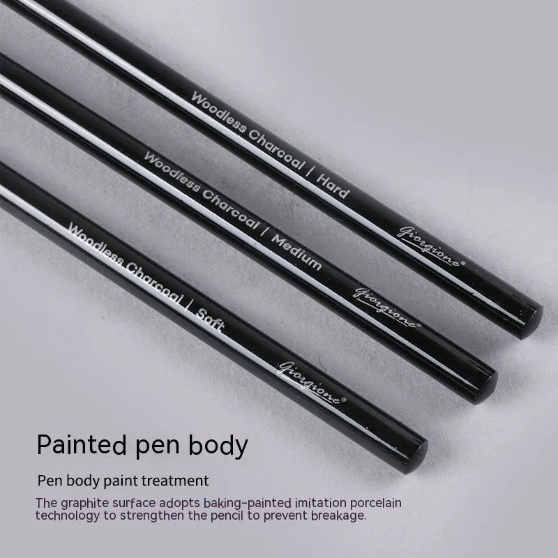 Set of nine drawing pencils with wooden shells, comprising six graphite and three carbonised pencils, on a suction card.