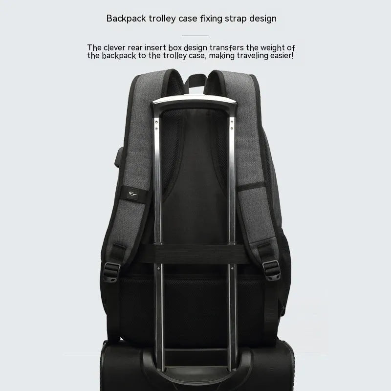 Black nylon backpack with USB charging port and trolley case straps