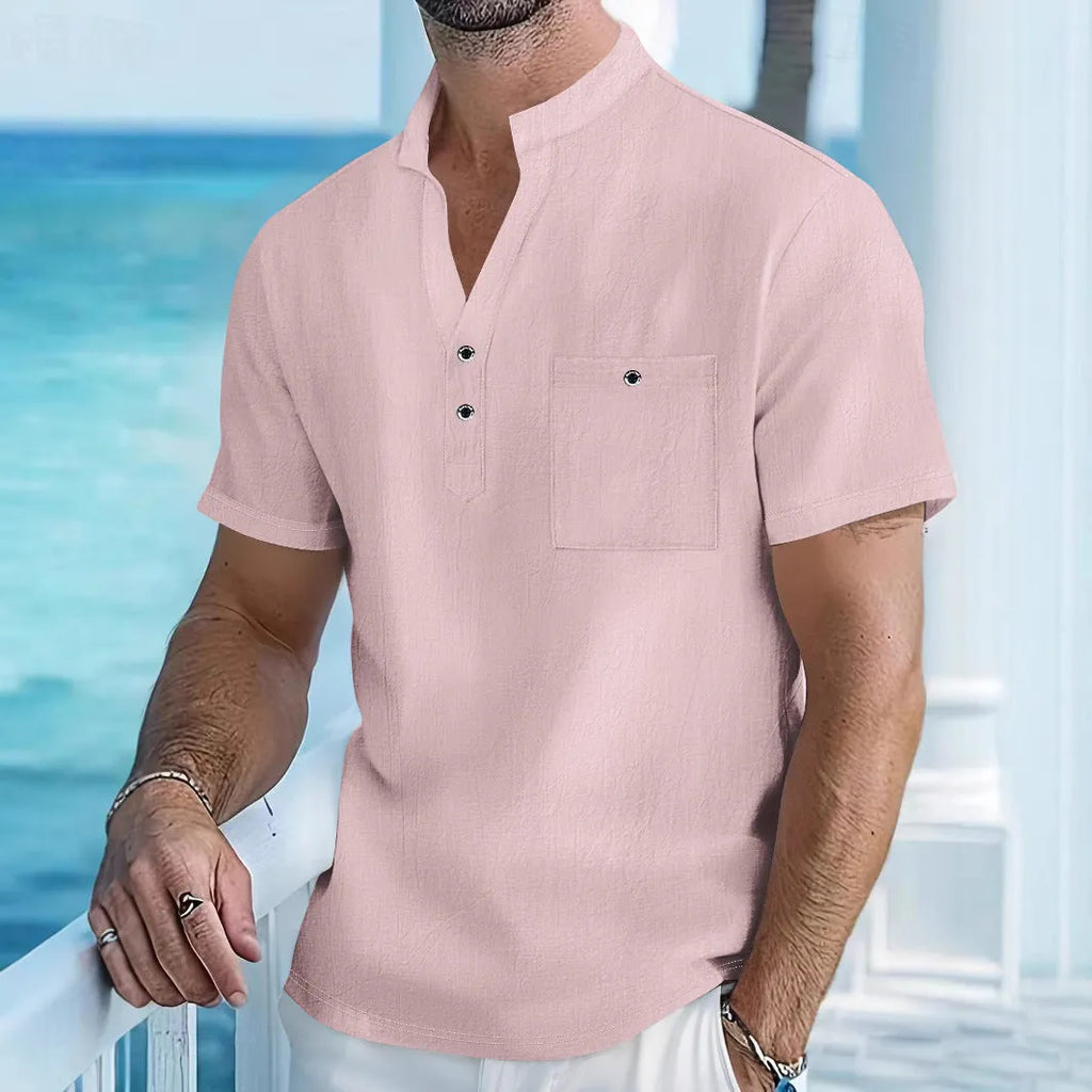 Men's loose fit stand collar t-shirt in linen blend fabric, shown in light blue colour.