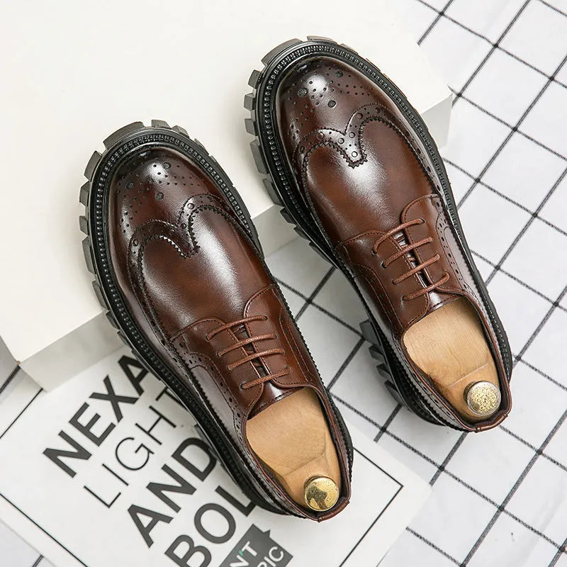 Men's black and brown breathable brogue shoes with round toe design and artificial PU upper