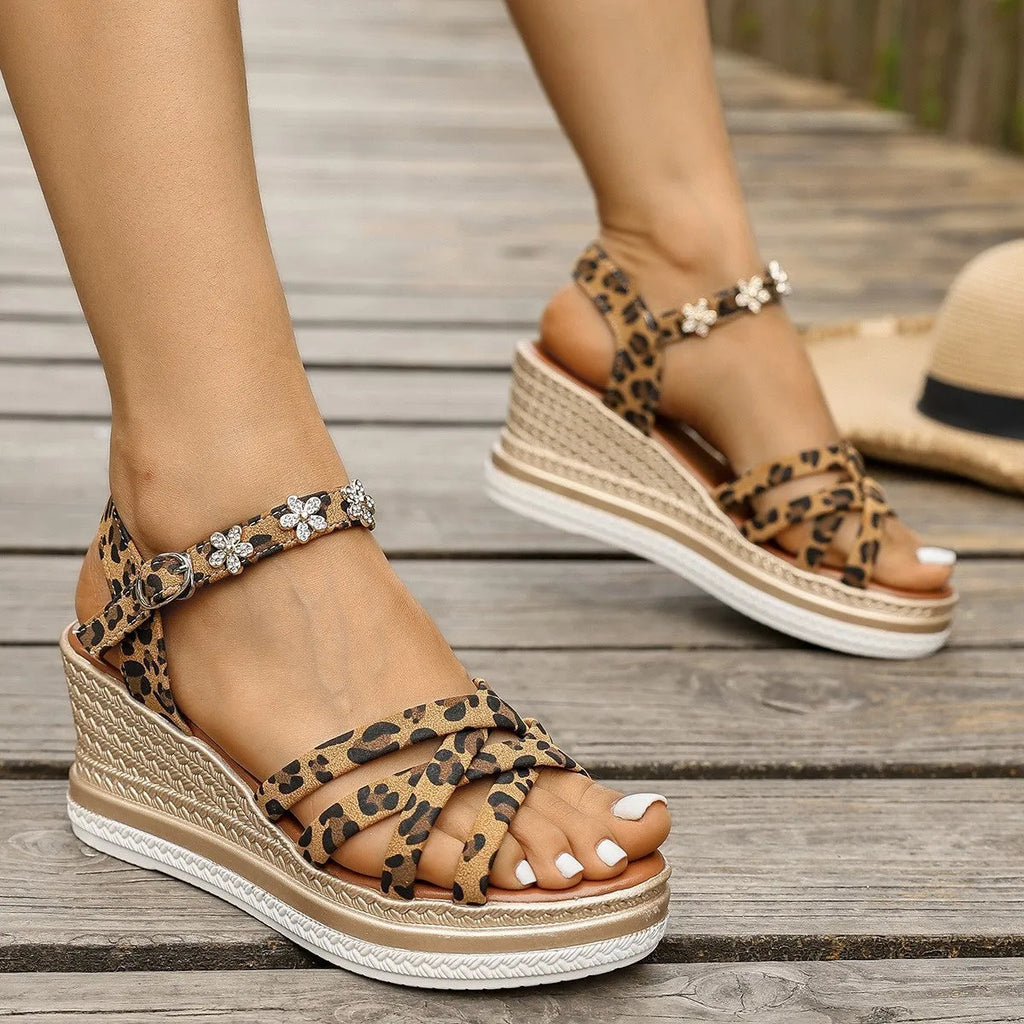 Light brown suede women's platform sandals with a buckle ankle strap and open toe.