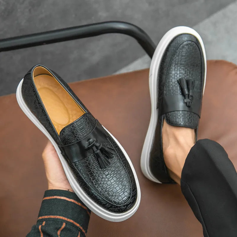Men's black casual shoes with fringed detailing on artificial PU leather uppers