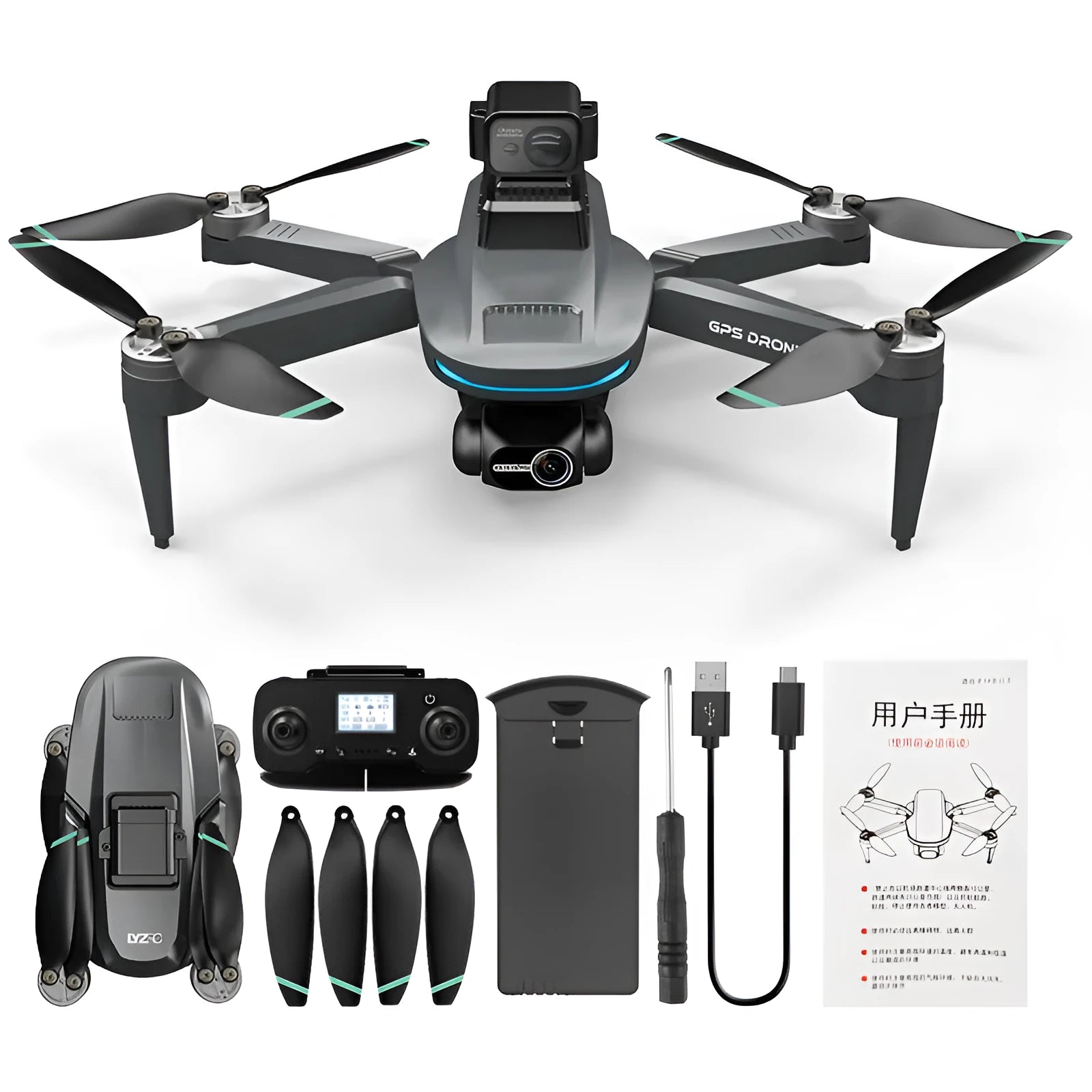 Brushless folding UAV with two-axis mechanical stabilisation head and GPS return, plastic construction, under 30 cm size, in storage bag