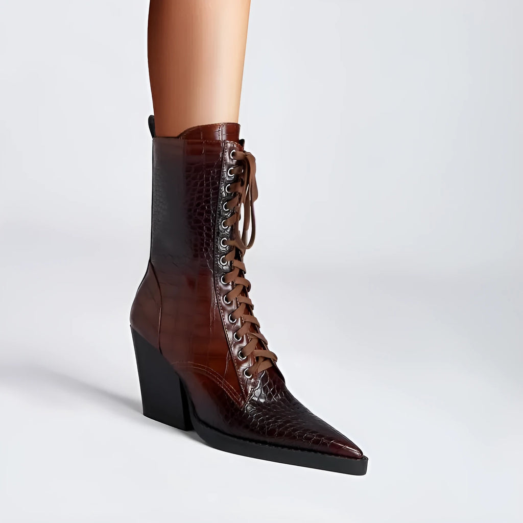 Women's dark brown retro pointed toe ankle boots with a chunky heel and side zip.