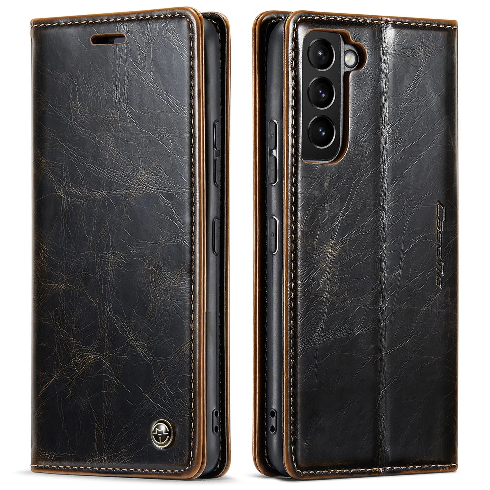Crazy Horse pattern card flip phone case for Samsung A55 in black PC leather