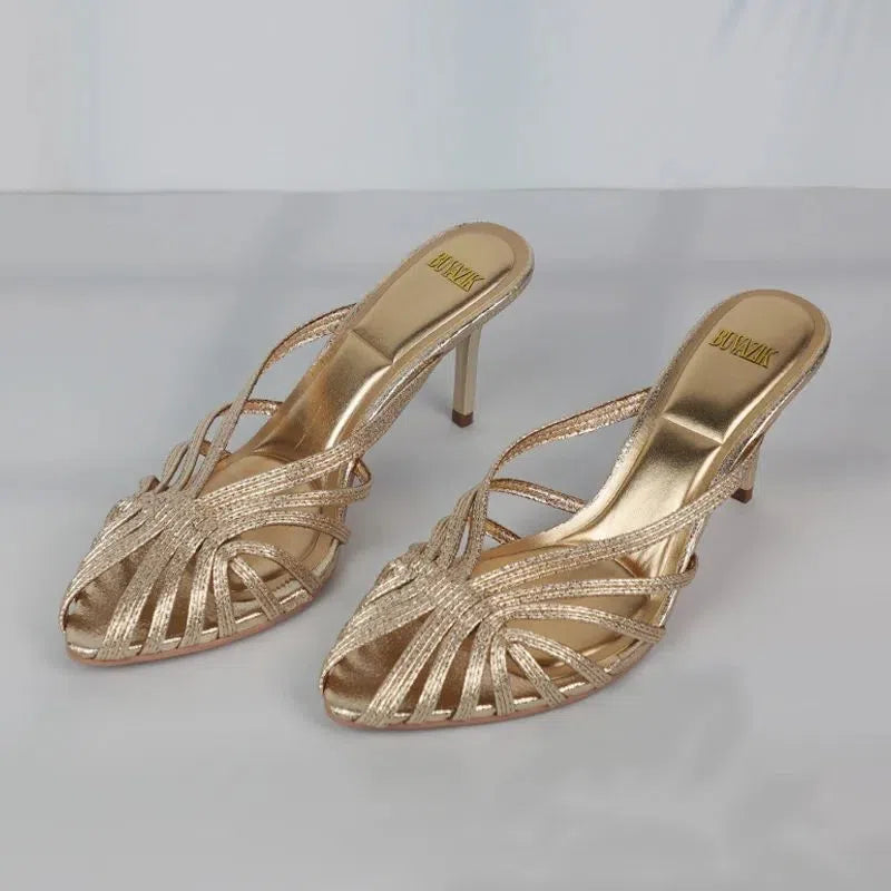 Gold hollow thin strip women's heels with pointed toe, inner height increase, EPR sole and second layer pigskin lining