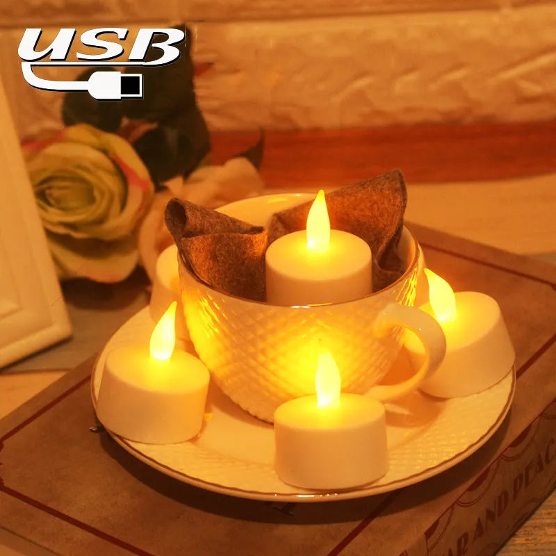 White plastic USB rechargeable LED candle lamp with yellow flashing flame effect on plastic cup