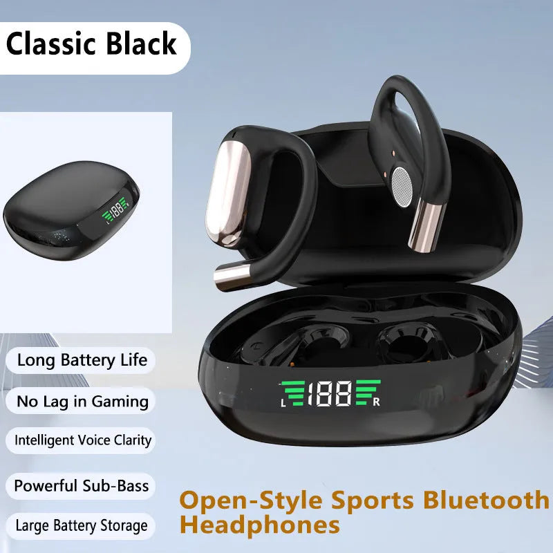 Bluetooth earphones hanging on the ear in black colour with ear hook design and digital display screen