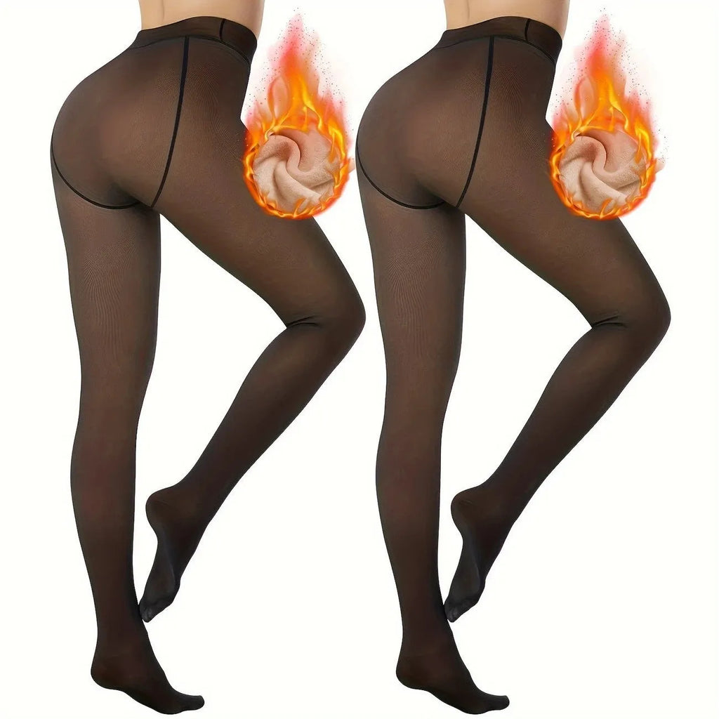 Women's anti-snagging thermal leggings in black and coffee colours showing wool lining and footed style.