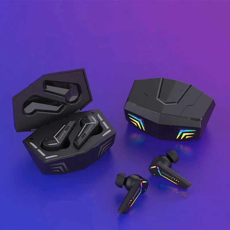 Small black wireless Bluetooth sports headset with low latency for gaming.