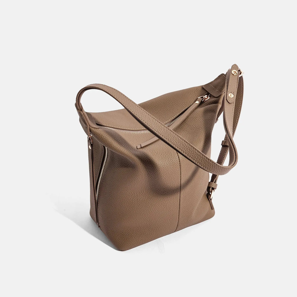 Genuine cowhide leather women's bucket bag in elephant grey colour with large capacity design