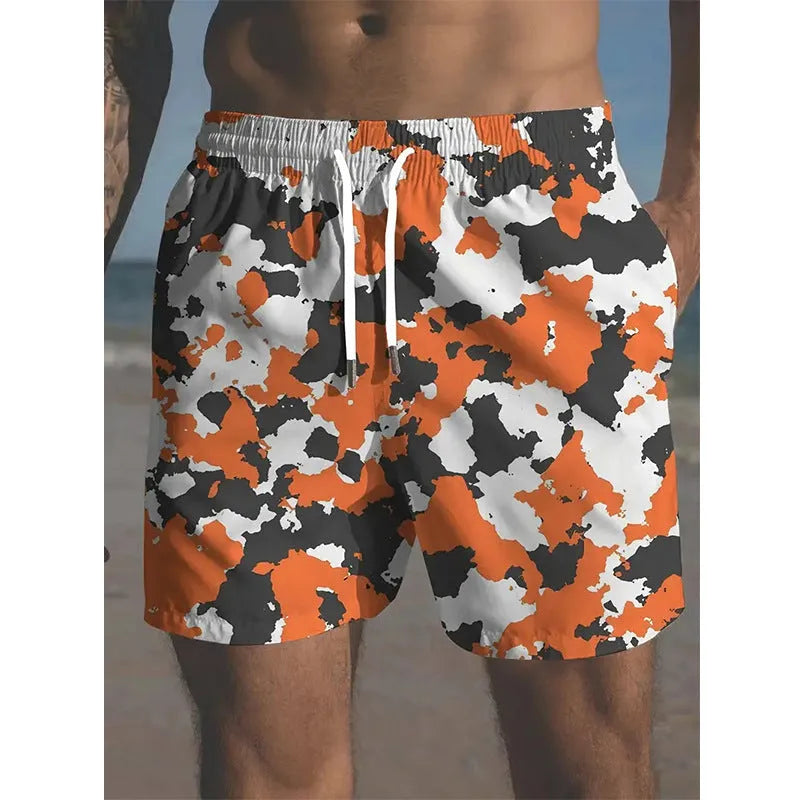 Men's polyester beach shorts with printed design and elastic waistband in multiple colour options