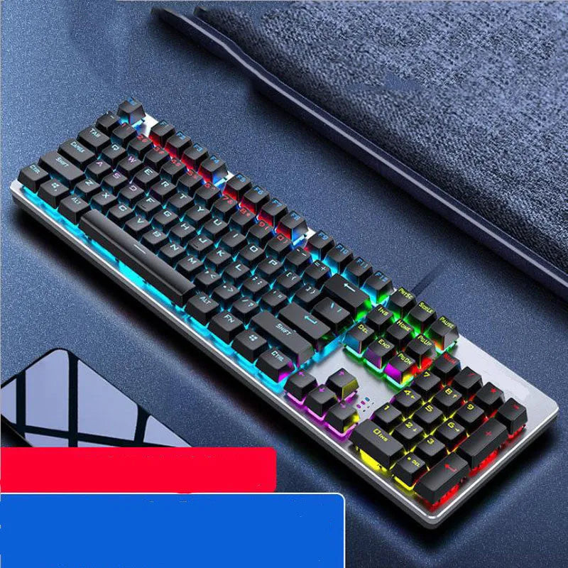 AOC GK410 wired mechanical keyboard with metal top plate and green switch keys on a desk.