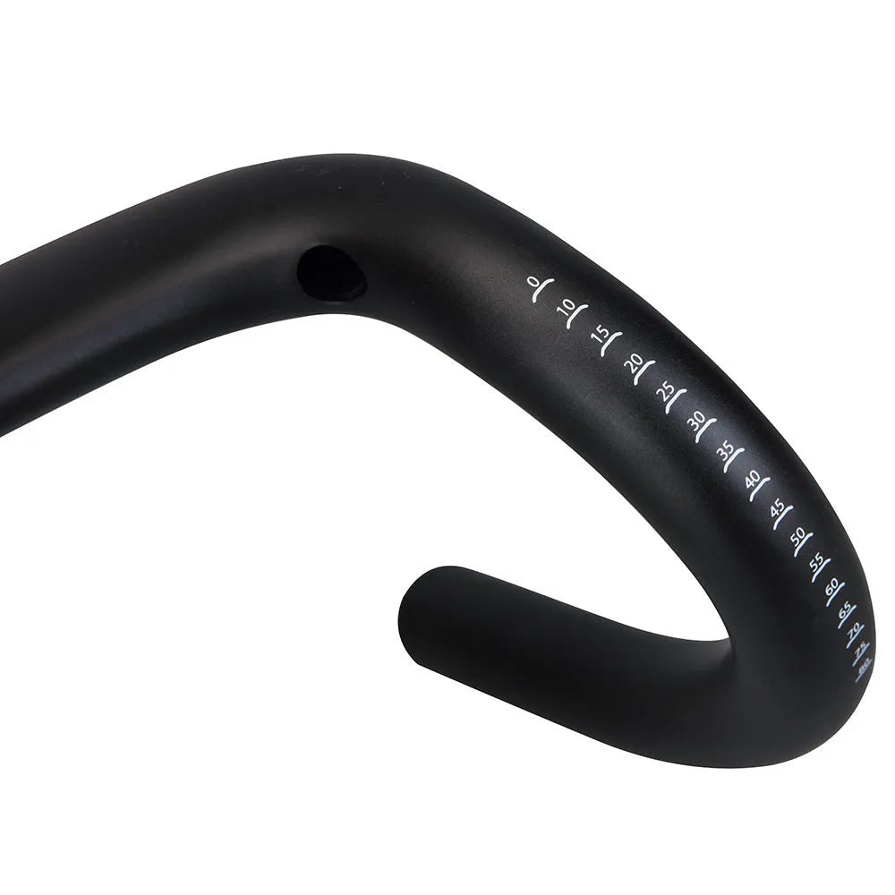 Black carbon fibre road bike handlebars showing large outer swing angle design