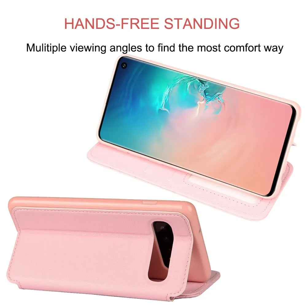 Crown card leather flip case for Samsung in black, pink, white or rose red, with PU outer and TPU inner shell.