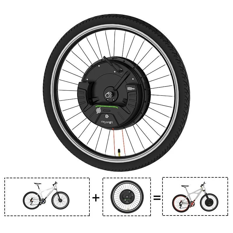 Black 26-inch bicycle rear wheel with integrated Imotor 3.0 alloy hub motor for e-bike conversion