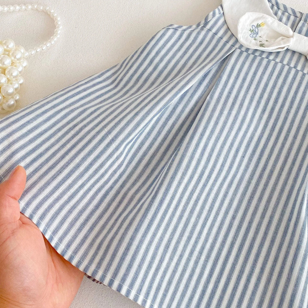 Summer baby bowknot embroidered vest dress in soft fog blue cotton, sleeveless, for girls 73-120 cm