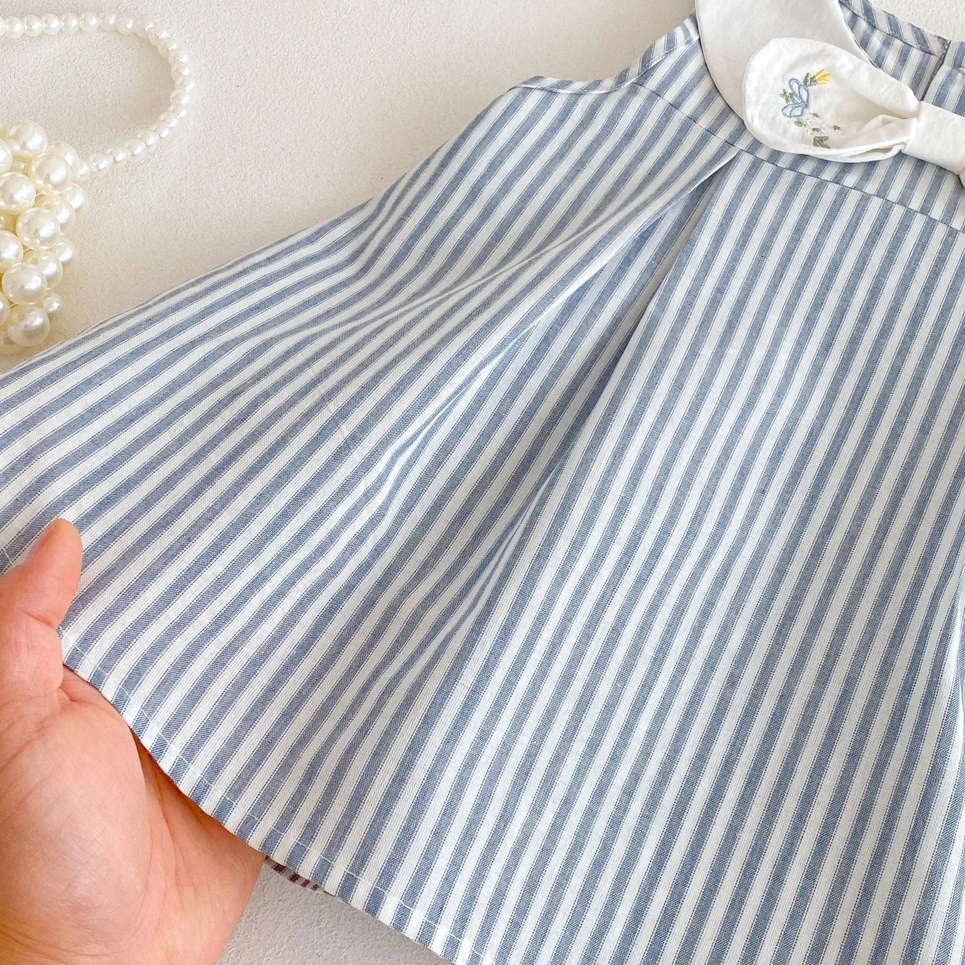 Summer baby bowknot embroidered vest dress in soft fog blue cotton, sleeveless, for girls 73-120 cm