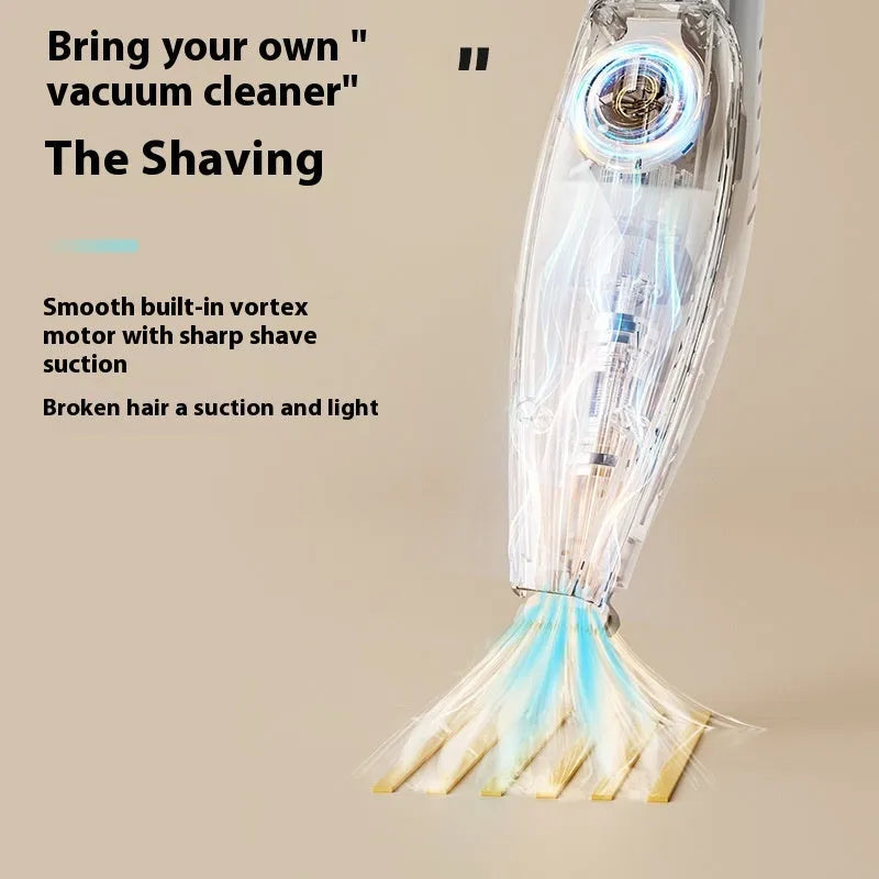 Pet shaver with vacuum cleaner in blue, green and white, with ABS plastic body and stainless steel blade for low-noise cat and dog grooming