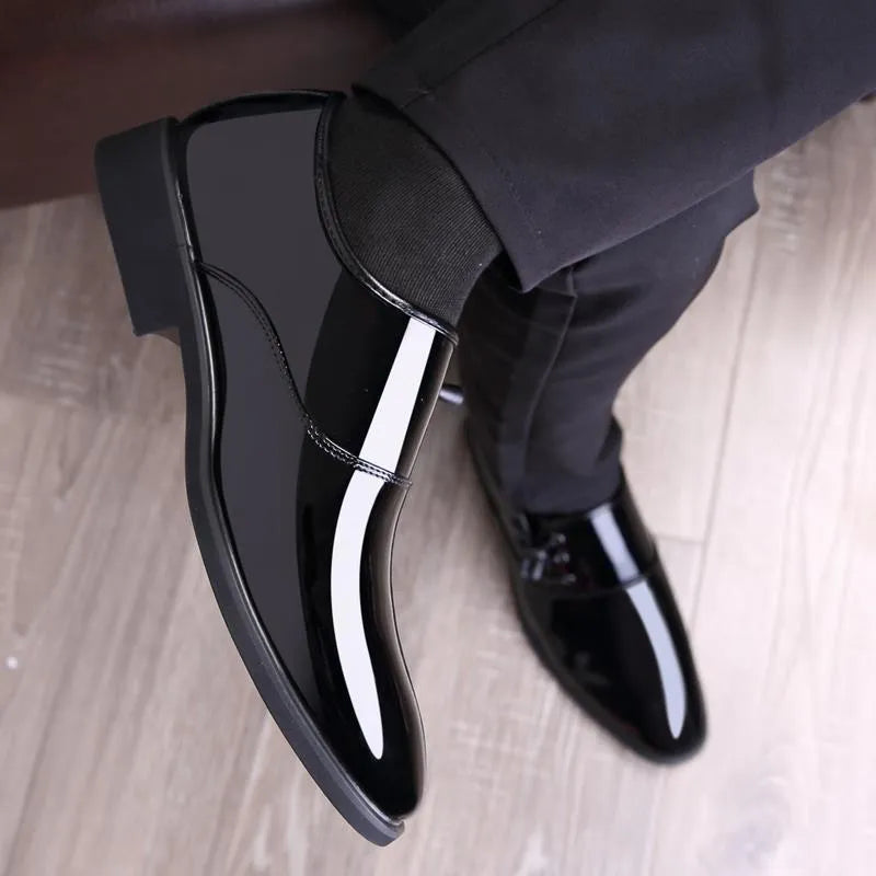 Men's black and brown formal business shoes with round toe and square heel, showing artificial PU upper and rubber sole.