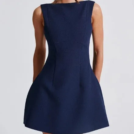 A sling-style backless short summer dress with a high waist, shown in a selected colour.