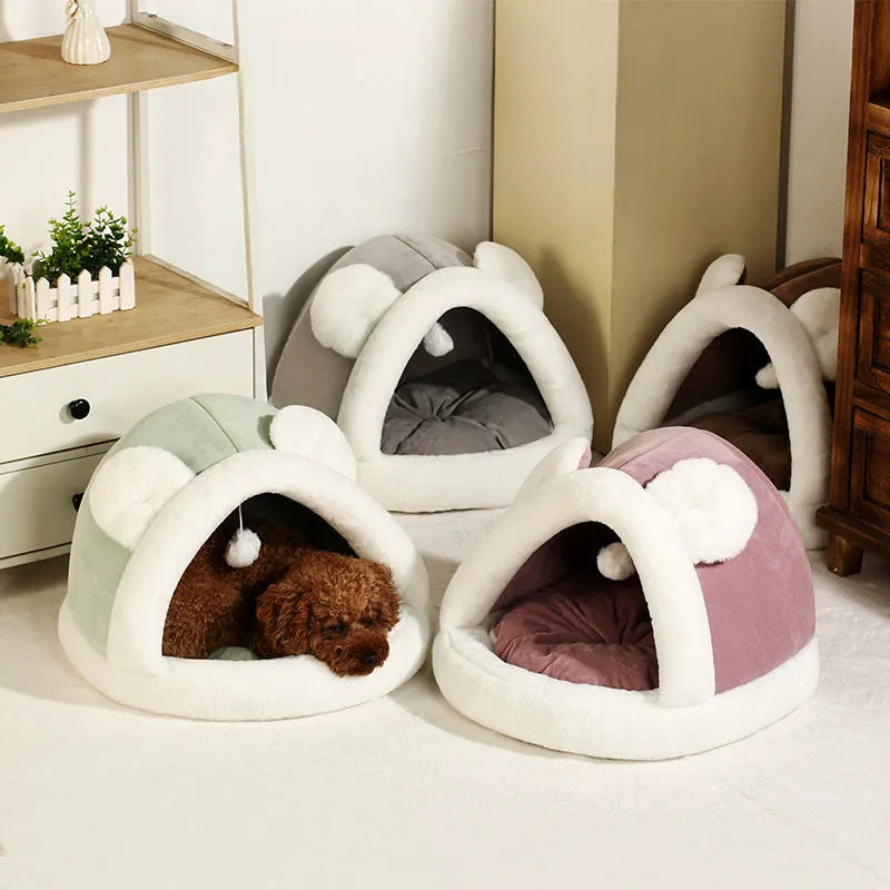 Self-warming fleece pet tent cave bed for cats and small dogs in coffee colour