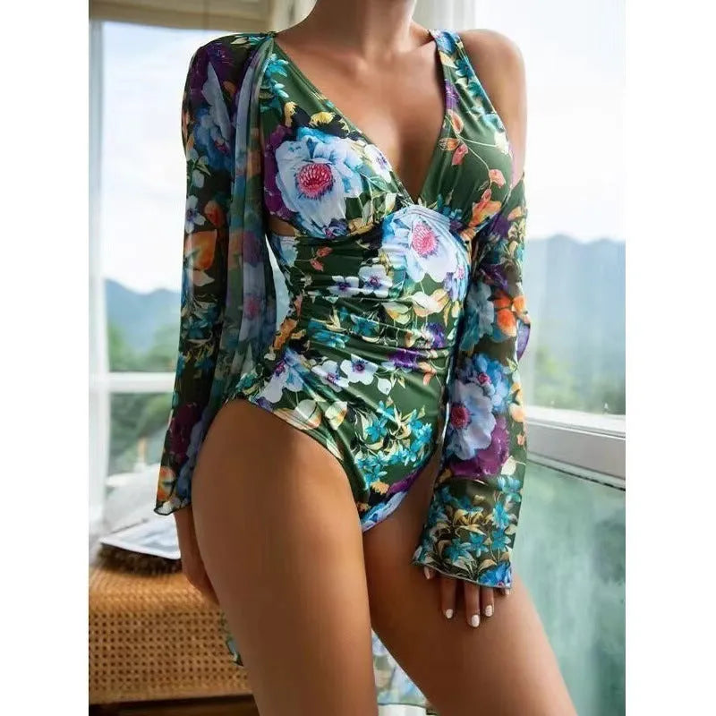 Women's floral pattern bikini and mesh coat three-piece swimsuit set in various colours.