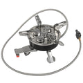 Silver portable split camping stove with fuel hose, shown folded to compact size for transport.