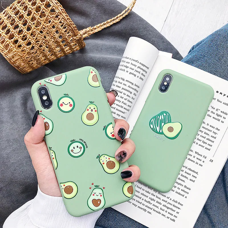 Flexible green TPU iPhone case with a detailed painted cartoon avocado illustration on the back.