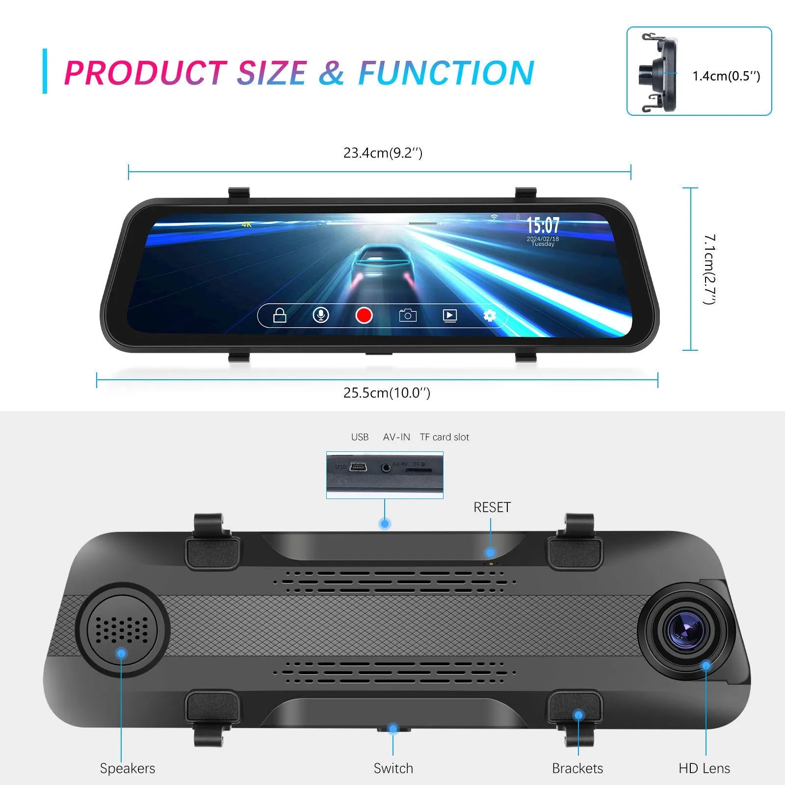 Car streaming media rear view mirror dash cam with 9.66 inch touch screen showing dual camera display