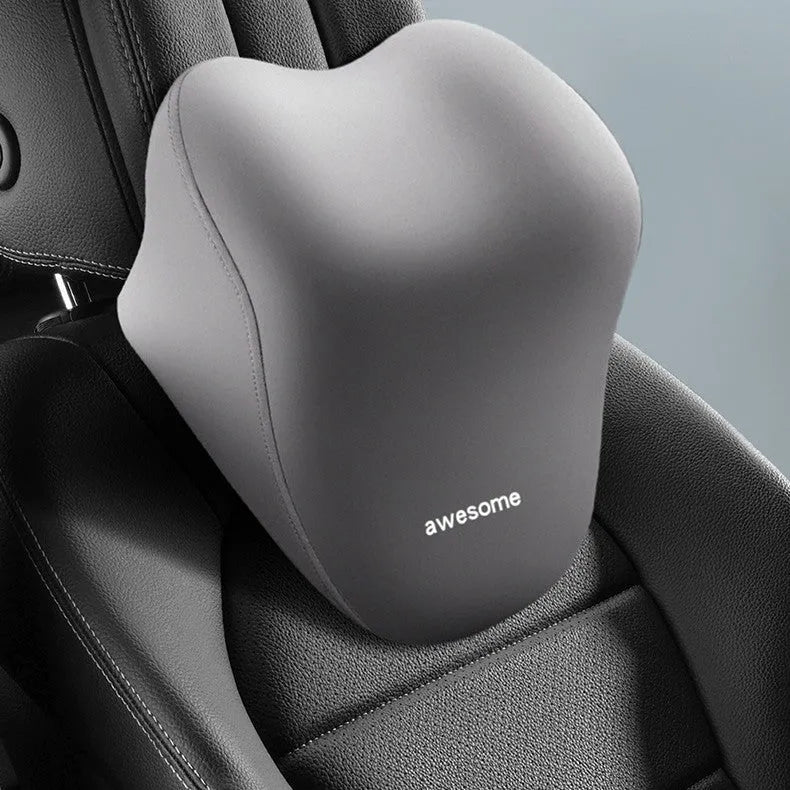 Car headrest pillow and lumbar support pillow set in beige, made from polyester fabric with memory foam filler.