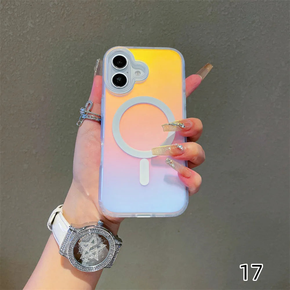 Laser gradient frosted magnetic back cover case for iPhone 17 series on a table