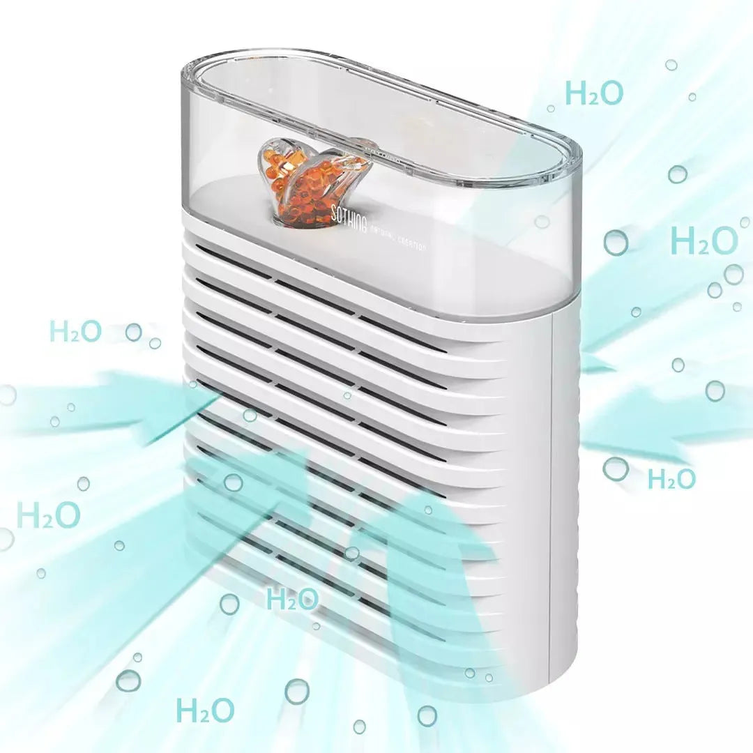 White recyclable cabinet dehumidification box with transparent geometric top cover showing colour-changing silica gel inside.