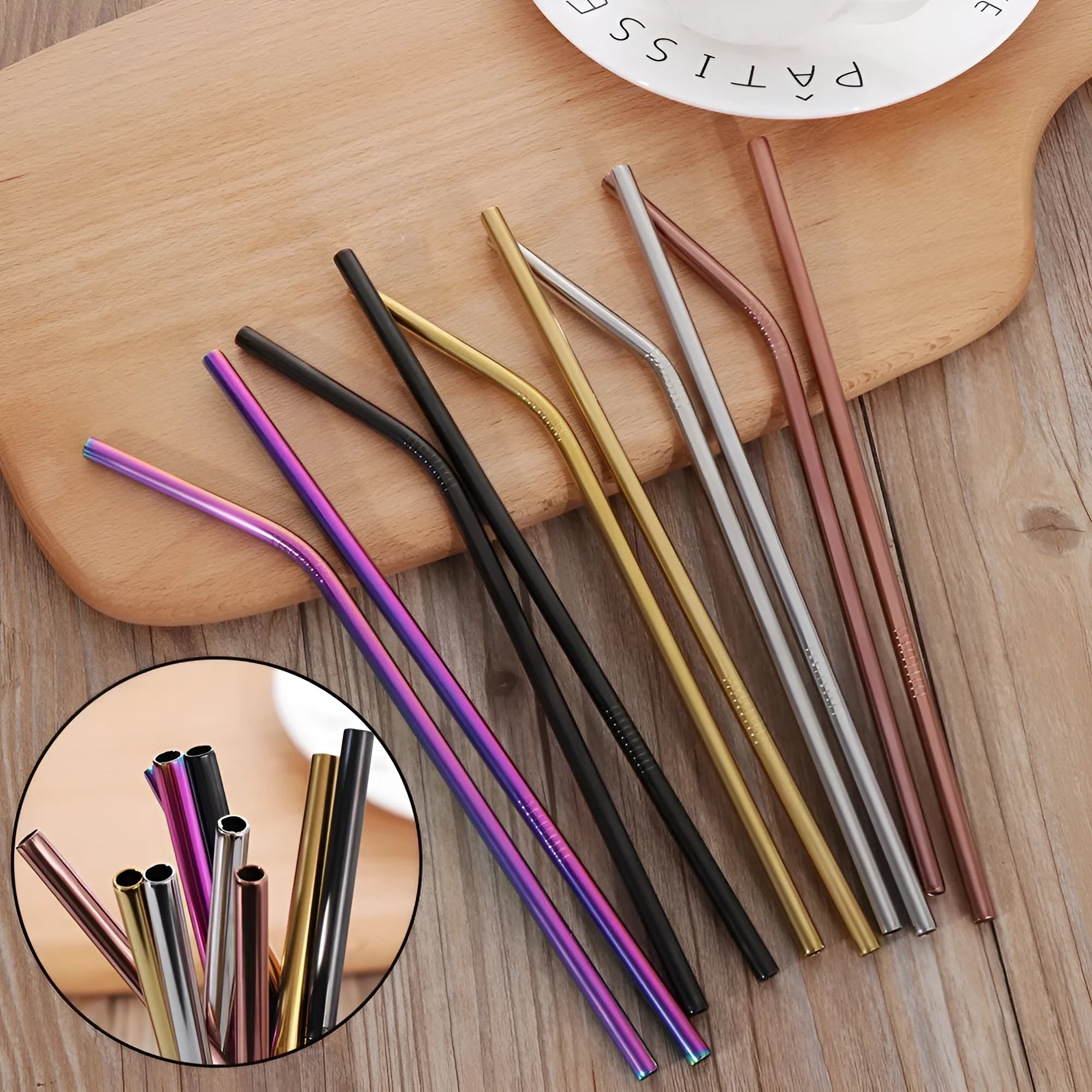 Set of stainless steel reusable straws in multiple diameters with cleaning brush